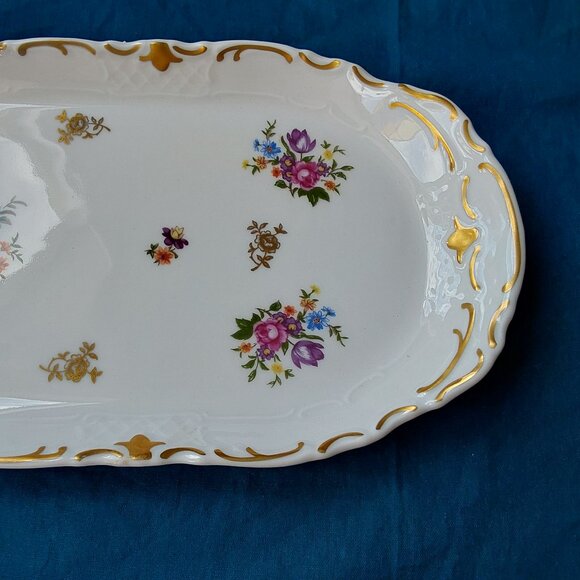 Pretty vintage dresser tray long serving dish Reichenbach flowers gold trim - Picture 3 of 8